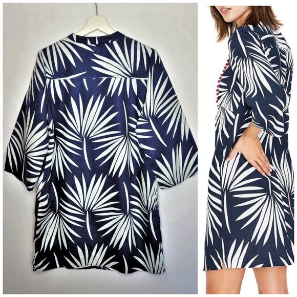 BODEN Navy Palm Print Linen Tunic Mini Dress 10L - Picture 2 of 8